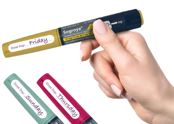 Hand holding Sogroya® 10 mg pen with day labels