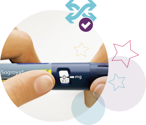 Hands selecting the dosage on a Sogroya® pen