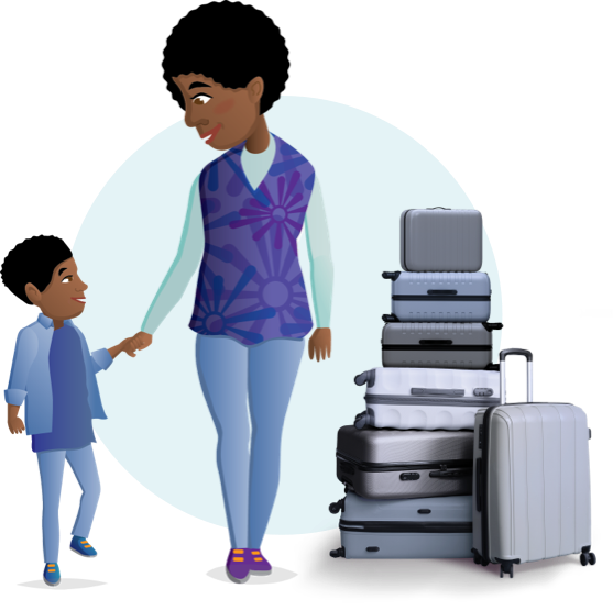 Mother holding her child's hand next to a stack of suitcases