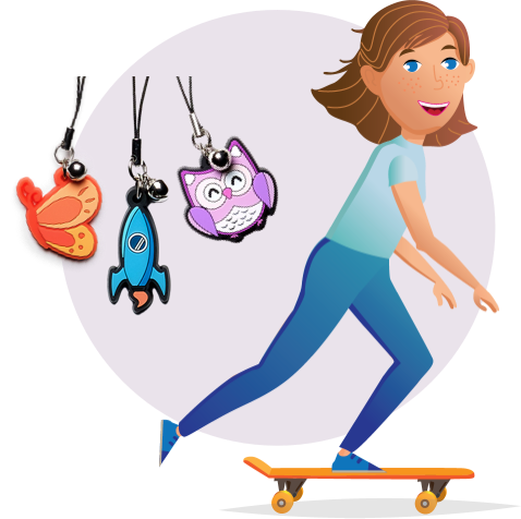 Girl riding a skateboard next to Sogroya® pen charms